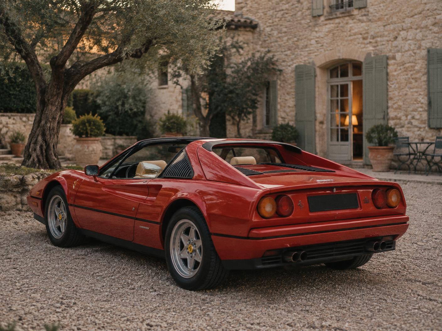 Ferrari 328 GTS rouge, toit retiré, dans la cour d’une bastide provençale