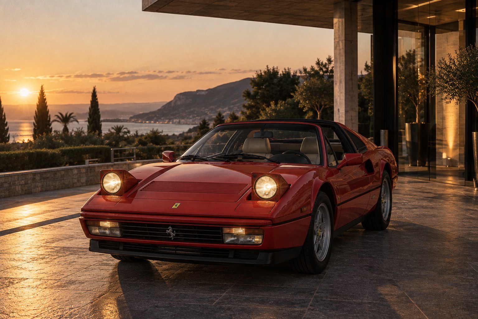 Ferrari 328 GTS rouge garée devant l’entrée d’une villa face à la mer en fin de journée